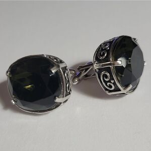 Swank Men's Silvertone Round Green Stone Cufflinks